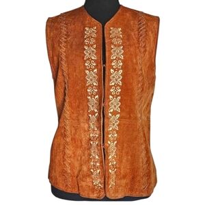 Vintage 70s 80s Suede Cognac Vest Embroidered Western Boho Desert Festival Sz M